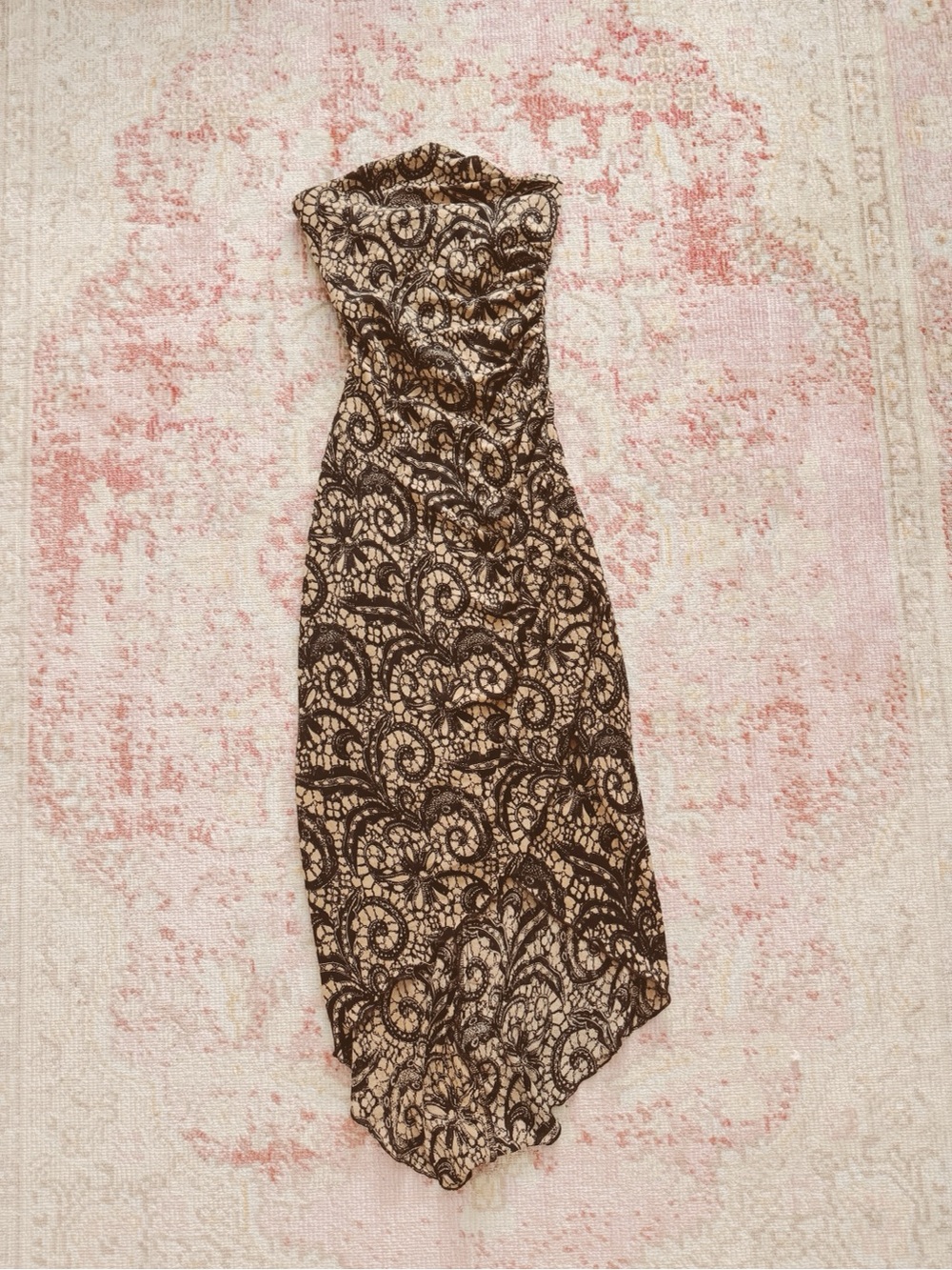 Vintage Black Lace Overlay on Cream Strapless Midi Dress